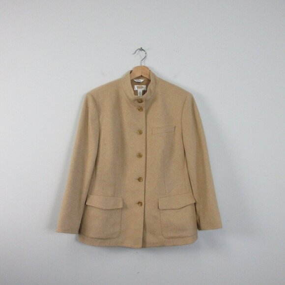 Talbots Pure Camel Hair Nehru Band Collar Blazer Women 12 Beige Button Vtg 520 - Picture 1 of 10